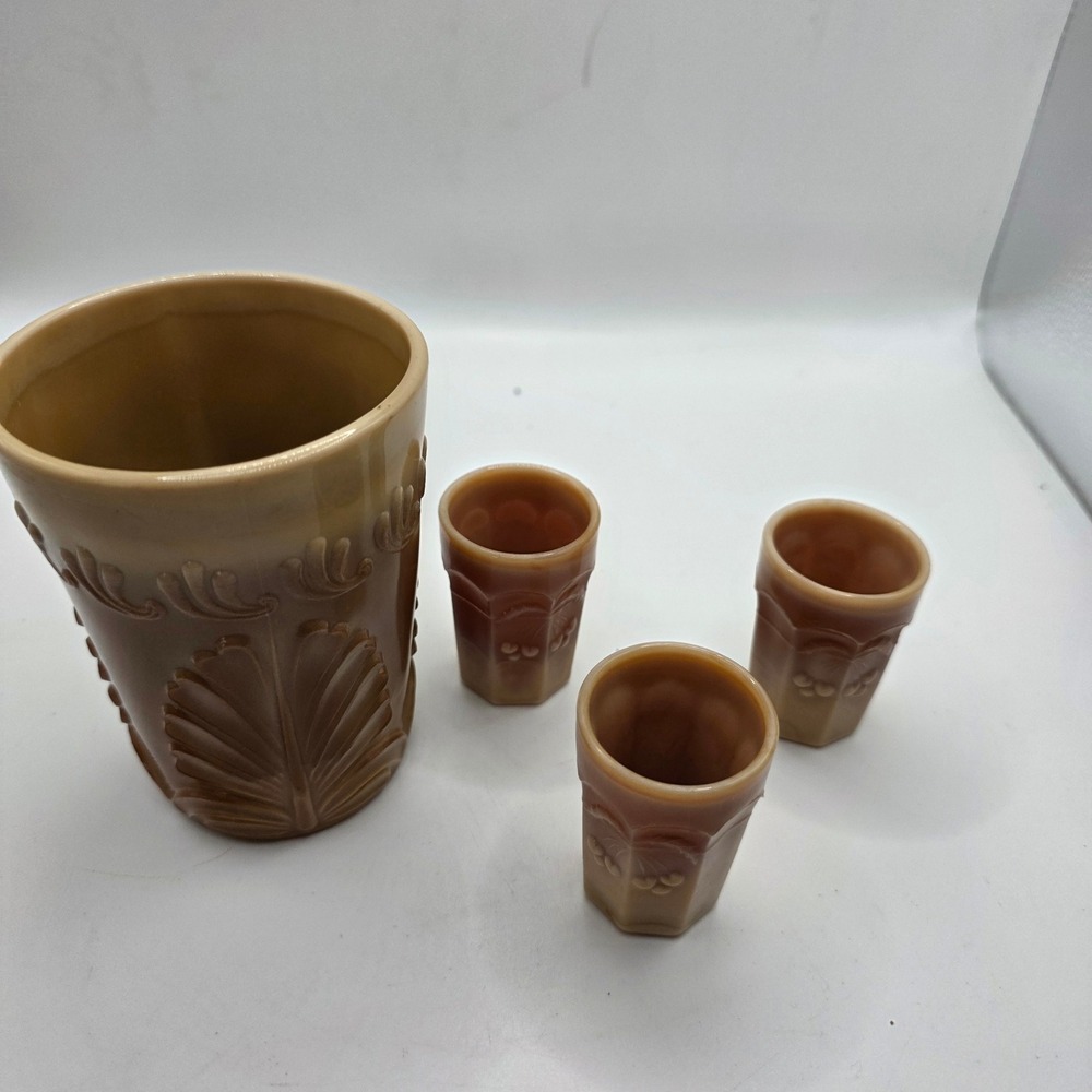 Marigold Carnival Glass Tumbler & 3 Cordial Shot Glasses Pressed Glass 4 Pc Set